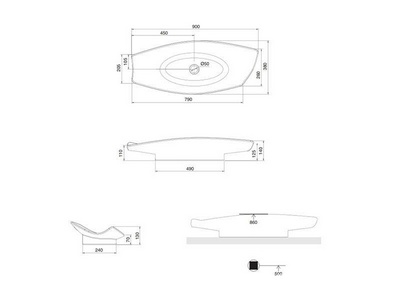 Раковина накладная на столешницу, 90х38хh14см, без отв.д/смесителя, без перелива,  ZZ Scarabeo Kong 8053