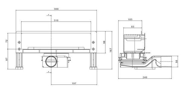 Дренажный канал 360мм, стеновой, готовый компл, сифон d50 выход вбок 48л/мин, ножки, решётка (цв.мат.хром),  ZZ Pestan Confluo Wall 13100060