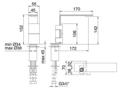 Смеситель для раковины, 2 ручк., h 152мм, (цв. тертая сталь),  ZZ 3M 5mm IT 2514 IS 5F ZZ
