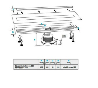 Дренажный канал стальной в сборе,(сифон с гидрозатвором 0,6 л/с, решетка-перевертыш под плитку 800мм,нерж.сталь, монтаж.глуб.65-105мм),WINKIEL/FINO ZZ Winkel Fino WDO-800-04-6601
