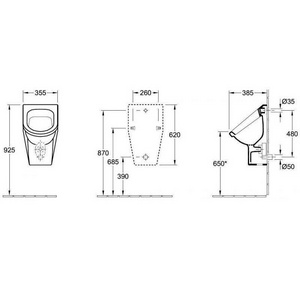 Писсуар 355x620x385мм, с защитой от брызг, скрытый подвод воды, крепёж в комп, (цв. 01 white alpin),  ZZ Villeroy & Boch Architectura 55740001