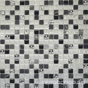Мозаика Мастера Керамики Glass & Stone Мозаика  2026 микс мрамор черный-черный-белый кол-платина (чип 15х15мм) ZZ30x30 Комбинированный 