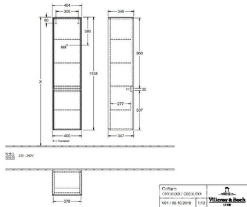 Шкаф-пенал 404хh1538х349мм, подвесной, 2-х дверный, петли слева, крепёж в комп., (цв. DH белый глянец),  ZZ Villeroy & Boch Collaro C03300DH