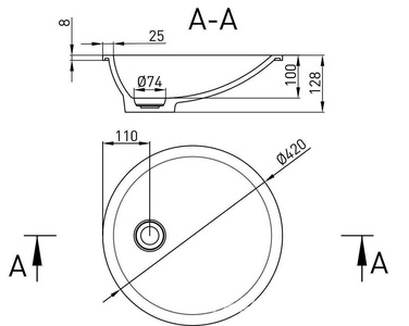 Раковина встраив.в столешн.снизу,круглая 420х420хh128мм,без отв.д/смес,без перелива,без донного клапана,литой камень S-Stone мат,цв.белый,  08 ZZ Salini Marea 1802208M
