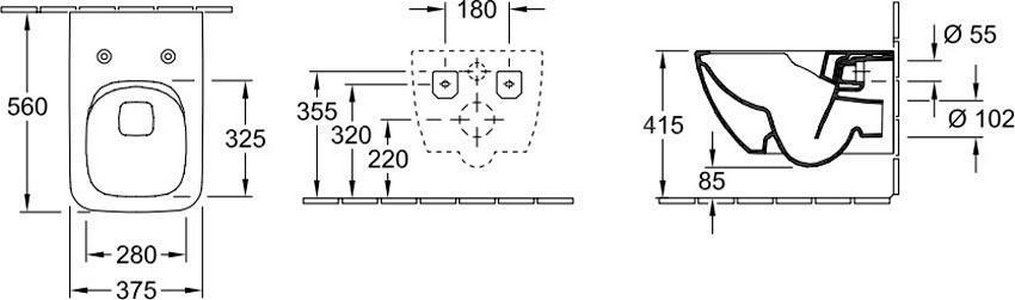 Унитаз подвесной, 375х560мм, с открытой кромкой смыва, сиденье SlimSeat, крепж в компл., (цв. 01 white),  ZZ Villeroy & Boch Venticello 4611RS01