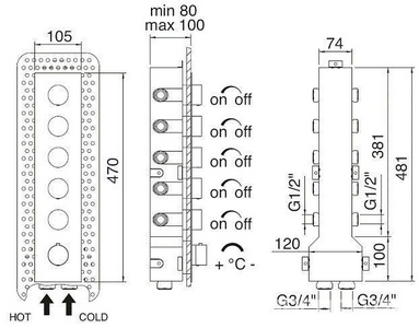 Смеситель-термостат для душа встраиваемый в стену, на 5 "Потребителей", (круглые ручки), (цв. хром), 3M  ZZ 3M Showers & Thermostat 7298EA CC