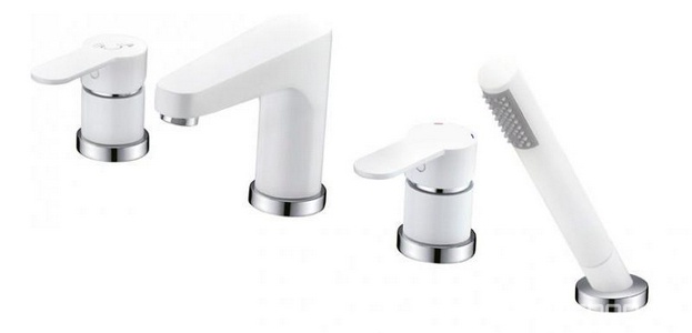 Смеситель для ванны, встраиваемый в борт на 4 отв., лейка, шланг в компл., (цв.белый/хром),  ZZ Cezares Laconico LACONICO-C-BVDM-01