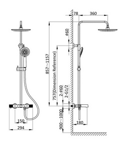 Смеситель-термостат для душа, со стационарным верхн.душем 25см., душевая лейка, шланг в компл., (цв.брашированное золото),  ZZ Vincea Desire VSFS-1D1TBG
