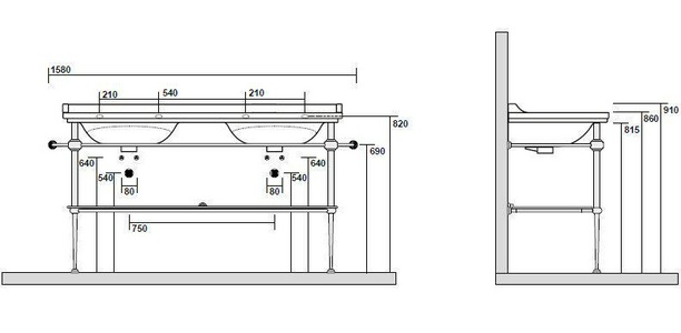 Структура металлическая, для установки под двойную раковину 150см. арт.4143хх, стекл. полка, крепёж в компл., (цв.бронза),  ZZ Kerasan Waldorf 9195K3