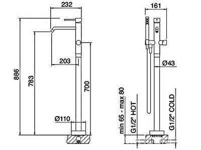 Смеситель для ванны, напольный, лейка и шланг, встраиваемая в пол часть в компл., (цв. oxidized), UP ZZ 3M Up 5703 KK
