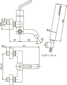 Смеситель для ванны, лейка, шланг, кронштейн в компл., (цв.хром),  ZZ Paini Pixel 81CR100NEWKM