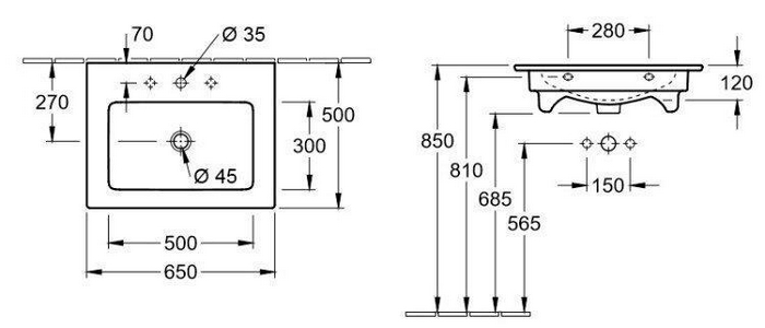 Раковина 650х500мм, 1 отв. д/смес., с переливом, для установки с мебелью, (цв. 01 white),  ZZ Villeroy & Boch Venticello 41246501