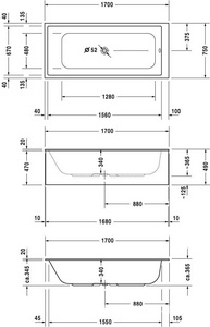 Ванна акриловая 1700х750хh365мм, без ножек и слива/перелива,  ZZ Duravit Onto 700231000000000