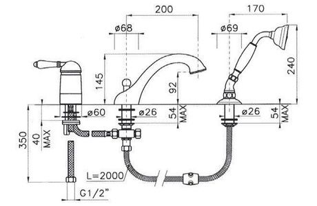 Смеситель д/в, встраиваемый на 3 отв., лейка, шланг, кронштейн в компл., (цв.гальван.золото, ручка Cristallo),  ZZ Nicolazzi Classico 3414 GB 33