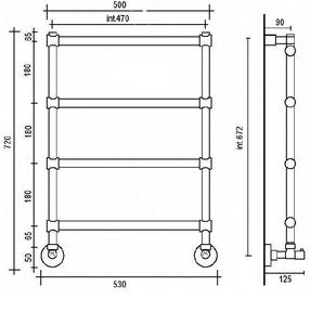 Полотенцесушитель 500(530)хh720х125мм, 4 перекладины. подвод воды int.470мм, (цв.хром), краны, крепёж в компл., (ГВС, 6 bar) Margaroli 442 Margaroli Sole 442-500x713,5-470/4M  Chrome