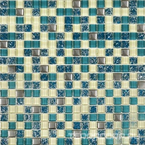 Мозаика Мастера Керамики Glass Мозаика 2083 микс бирюза, белый, темная бирюза колотая, платина (чип 15х15)30х30 Комбинированный 
