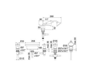 Смеситель для ванны, встраиваемый в борт ванны на 5 отв., излив каскад, с душ. гарнитуром, (цв.бронза), Nuova Retro ZZ 3M Nuova retro 4172 UU