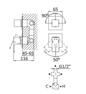 Смеситель для душа, встраиваемый в стену, с переключателем, на 4 потребителя, (цв.черный матовый),  ZZ Cezares Porta PORTA-VDIM4-M-NOP