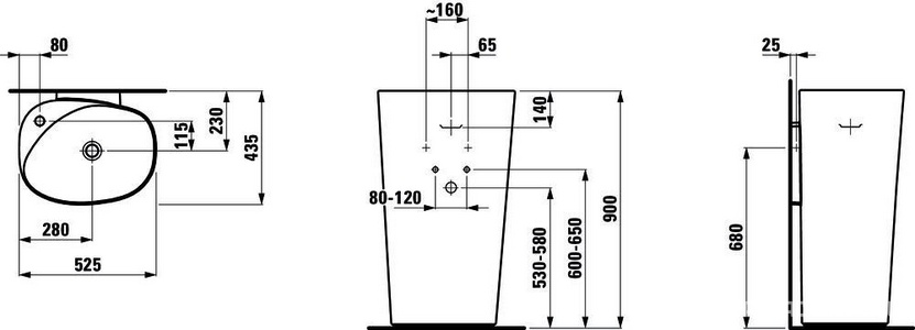 Раковина напольная с присоединением к стене, 525х435хh900мм, 1 отв. д/смес. слева, с покрытием LCC,  ZZ Laufen Palomba 8.1180.4.400.104.1