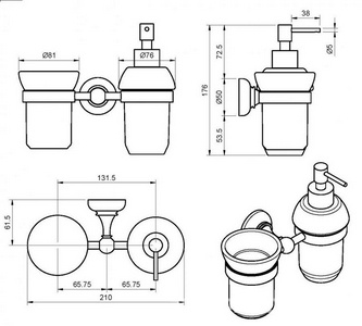 Стакан и дозатор настенные керамические, (цв.хром),  ZZ Cezares Aphrodite APHRODITE-TDTS-01
