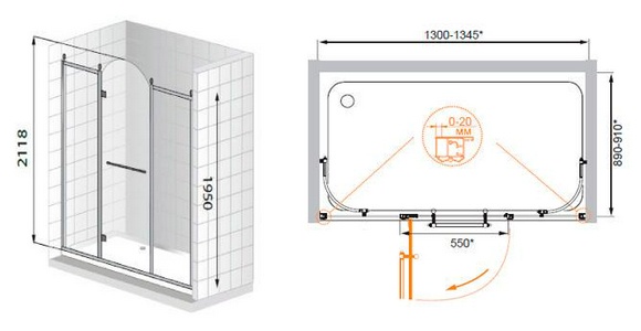Дверь в нишу 1300x2118мм, (1275-1325)xh2118, с двумя неподв. сегмент, "Левая" петли лев(вход 560мм), (стек/мат с прозр/узор, 8мм, фурн/зол), ZZ Cezares Retro RETRO-B-13-130-PP-G-L