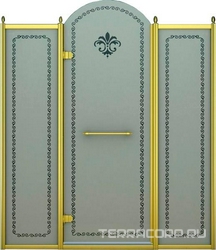 Дверь в нишу 1300x2118мм, (1275-1325)xh2118, с двумя неподв. сегмент, "Левая" петли лев(вход 560мм), (стек/мат с прозр/узор, 8мм, фурн/зол),Retro ZZ