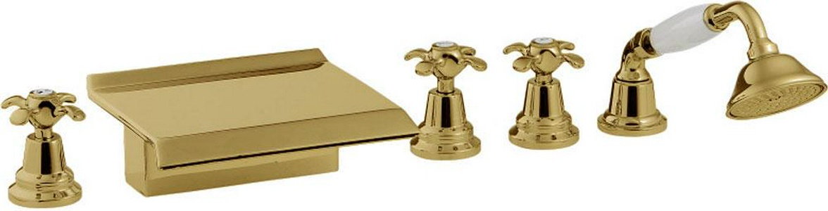 Смеситель для ванны, встраиваемый в борт ванны на 5 отв., излив каскад, с душ. гарнитуром, (цв.золото), Nuova Retro ZZ 3M Nuova retro 4172 DD