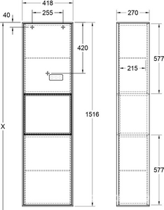 Шкаф-пенал 418хh1516х270мм,подвес 2-х дверн,2 стек.полки, петли справа, крепл.в компл(фасад, копус и полки цв.GL лак белый глян),с подсветкой ZZ Villeroy & Boch Finion F470GFGF