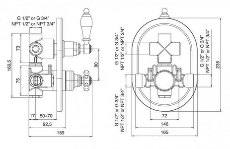 Смеситель-термостат для душа, встраиваемый в стену, на 3 потребителя, (цв.золото),  ZZ Cezares Elite ELITE-VDIM2-T-03/24-Bi