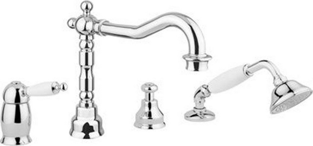 Смеситель для ванны, встраиваемый, на 4 отв., лейка, шланг в компл., (цв. золото, ручка цв. белый),  ZZ Gaia Canterbury RB6355 OR