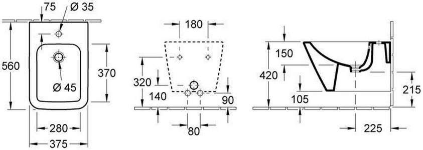 Биде подвесное, 375х560мм, с 1 отв.д/смес., запираемый донный клапан с керамич.крышкой, крепёж в компл., (цв.R2 Star white cer+),  ZZ Villeroy & Boch Finion 446500R2