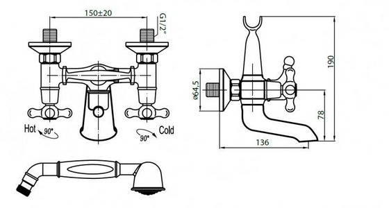 Смеситель для ванны, душевая лейка, шланг в компл., (цв.бронза),  ZZ Cezares Retro RETRO-C-VD2-02