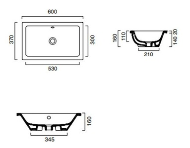 Раковина встраиваемая в столешницу снизу, прямоугольная 60х37cм, без отв. д/смесит., с переливом, без компл.крепл.арт.Z546883, (цв.белый), Zero New ZZ Catalano zero new 16037ZE00