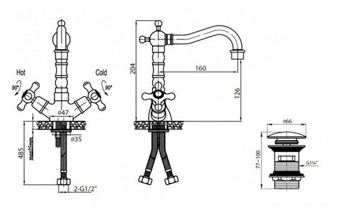 Смеситель для раковины, с поворотным изливом, с нажимной пробкой д/к, (цв. хром),  ZZ Cezares Retro RETRO-C-LS2-01
