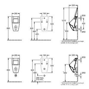 Писсуар 285x545x315мм, с защитой от брызг, скрытый подвод воды, крепёж в комп, с отверст. д/крепежа крышки, (цв.01 white),  ZZ Villeroy & Boch Venticello 5504R101