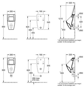Писсуар 285x545x315мм, с защитой от брызг, скрытый подвод воды, крепёж в комп, с отверст. д/крепежа крышки, (цв.R1 white cer+),  ZZ Villeroy & Boch Venticello 5504R1R1