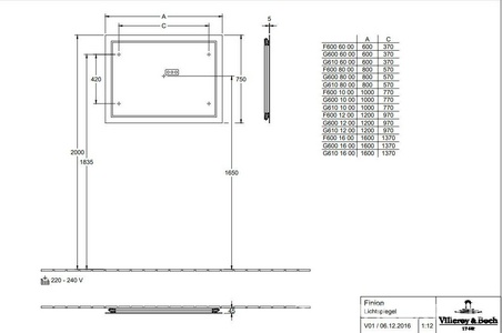 Зеркало 1200хh750х45мм, с LED подсветкой, БЕЗ пульта ДУ арт.G9990200, (крепёж в компл.),  ZZ Villeroy & Boch Finion G6001200