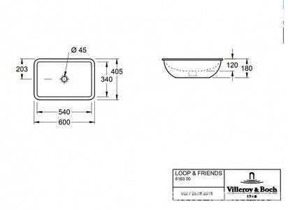 Раковина встраиваемая снизу 540(615)х340(405)хh120(180)мм, удинённый рычаг для пробки д/к, крепёж в компл., (цв. R1 white cer +),  ZZ Villeroy & Boch Loop & Friends 616300R1