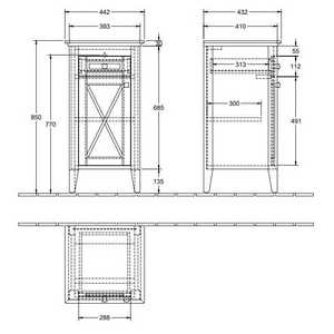Тумба с мраморной столешницей 440хh850х425мм, петли справа, (цв.орех, ручки-керамика цв.R1 white ceramicplus),  ZZ Villeroy & Boch Hommage 89641101