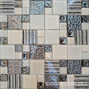 Мозаика Мастера Керамики Glass Мозаика 2167 микс платина рис.-белый колотый-белый-платина риф.низ-рис.полосы на белом-белый верх ZZ30х30 Комбинированный 