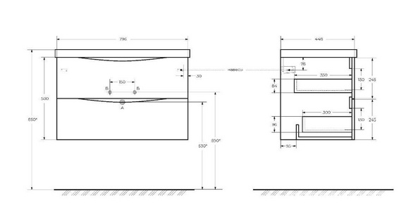 База под раковину подвесная с 2 выкатными ящиками, 800х450x530мм, (без раковины), (цв.Rovere Grigio),  ZZ BelBagno Marino MARINO-800-2C-SO-RG-P