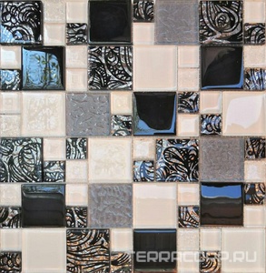 Мозаика Мастера Керамики Glass Мозаика 2171 микс белый-белыйколотый-темно-серый-серый риф.верх-платина с черным рис 48х48/23х23 ZZ30x30 Комбинированный 