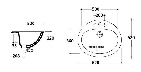 Раковина встраиваемая в столешницу сверху, овальная 620х520мм, с 1 отв.д/смес, с переливом, Eloise ZZ Galassia eloise 6001