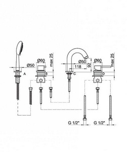 Смеситель для ванны, встраиваемый в борт на 4 отв., с душ.гарнитуром, (цв.черный матовый),  ZZ Webert Elio EL850701560