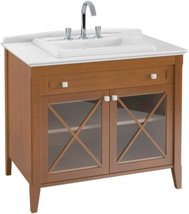 Тумба 985хh850х620мм,с мраморн.столешниц цв.серо-белый, встраив.раковиной с 1отв.д/смесит., (цв.орех, раковина и ручки цв.R1 white cer +),  ZZ Villeroy & Boch Hommage 897963R1