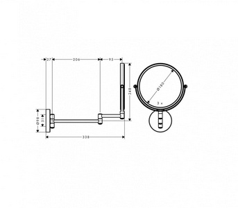 Зеркало косметическое d180мм, 3х кратное увеличение, на выдвижном кронштейне 338мм, (цв.хром),  ZZ Hansgrohe Logis Universal 73561000