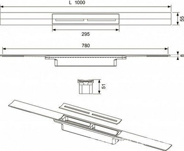 Профиль д/дренажа душа, 1000х55мм, укорачив.,монтаж на плиточн.клей над бетон.стяжкой,БЕЗ сифона арт.673002,(цв.глянец, черный хром),Тесе ZZ Tece Tecedrainprofile 671011