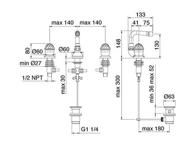 Смеситель для биде на 3 отв., с д/к, (цв. хром/золото),  ZZ 3M Okay Swarovski 4627 CD