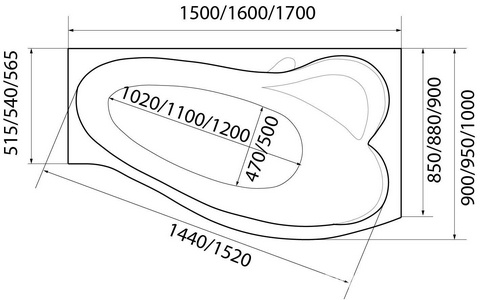 Акриловая ванна Marka One  R 170 см, ассиметричная, правая, БЕЗ каркаса, панели, слива, ZZ 1Marka Gracia 01гр1710п