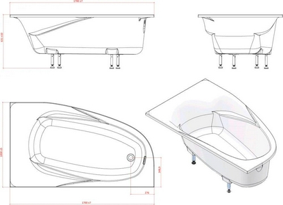 Ванна 1700x1000xh450мм, без панели, ножек, слива-перелива, литой мрамор цв.белый глянец., Селена Правая ZZ Астра-Форм селена Селена Правая